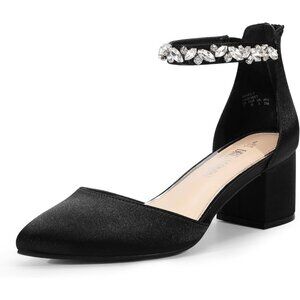 Dream Pairs Women's Black-rhinestone Closed Toe Low Block Ankle Strap Heels